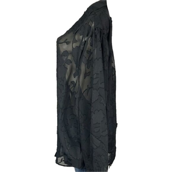 Torrid +5 Black Button Down Collar Sheer Chiffon Clip Floral Long Sleeve Shirt - Picture 5 of 6